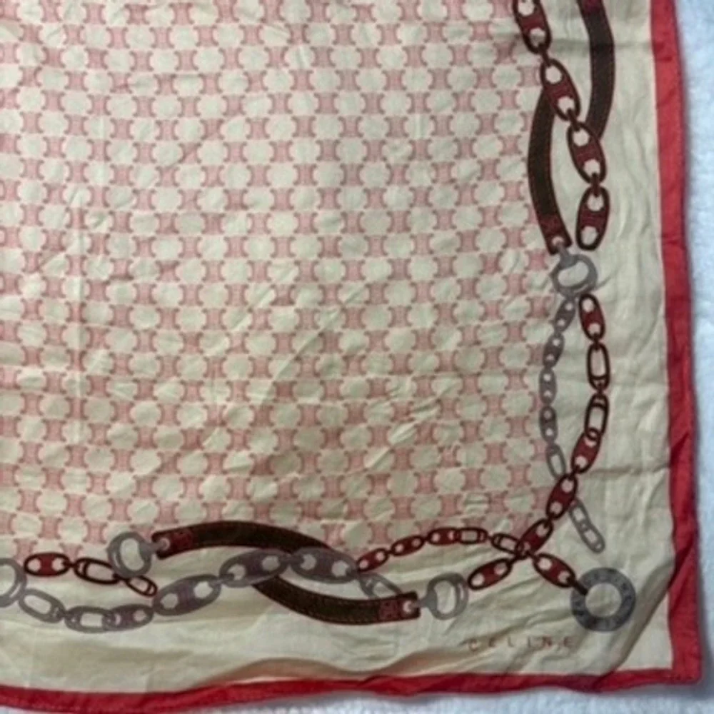 Vtg CELINE Scarf Handkerchief Macadam Chain Print Cream Red 19.5